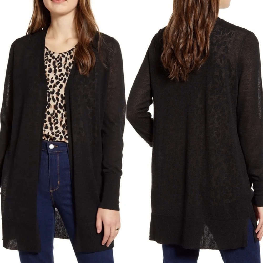 2022 Nordstrom‎ Linen Side Slit Cardigan Black Size XS Halogen Sweater Knit NEW